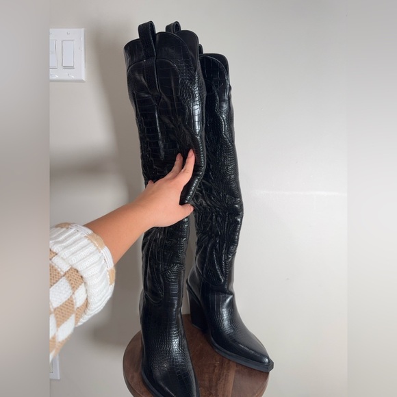 Simmi London Black Croc Knee High Block Heel Boots – Size 5 - Picture 2 of 5